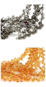Macro detail of faceted crystal glass beads in smoke grey and amber for DIY jewelry