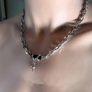 Stainless Steel Layered Necklace With Black Gemstone And Cross Pendant Gothic Hip Hop Style Jewelry For Men And Women