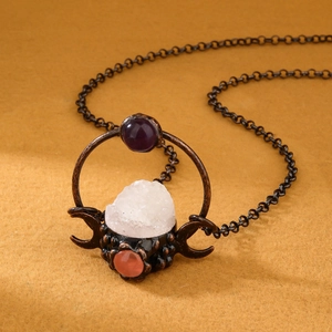 Triple Moon Goddess Pendant Necklace With Copper Crystal Druzy Amethyst Rose Quartz Wiccan Gothic Bohemian Style For Women