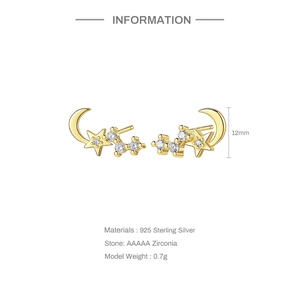 S925 sterling silver moon and star stud earrings with gold finish and AAAAA zircons
