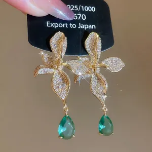 18k gold plated flower drop earrings with zircon crystals and emerald green pear stone