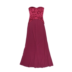 Detailed close-up of dark red evening dress featuring a boned corset and satin bodice