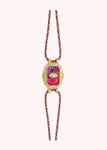 Detail of a tarot card charm bracelet with a crystal eye and pink braided rope