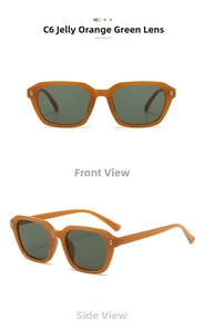 Detailed front and side views of orange jelly square sunglasses with dark green lenses