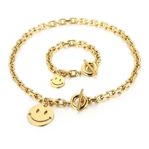 Smiley Face Stainless Steel Necklace And Bracelet Punk Streetwear Toggle Clasp Curb Chain Jewelry For Women