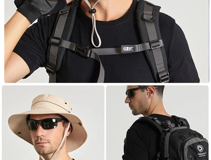 Détail de l'équipement de plein air avec chapeau à large bord, sac à dos et accessoires