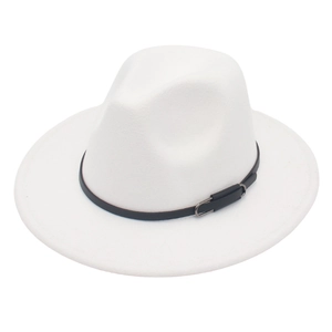 Detail of white wool felt fedora featuring a slim black leather band and silver buckle