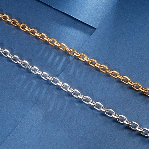 Parallel gold and silver 304 stainless steel O-link chains on dark blue background