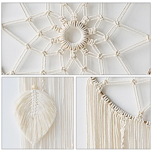 Handmade macrame wall hanging with woven geometric patterns and wooden bead feathers