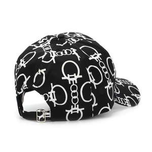 Black breathable baseball cap with white chain digital print and metal buckle