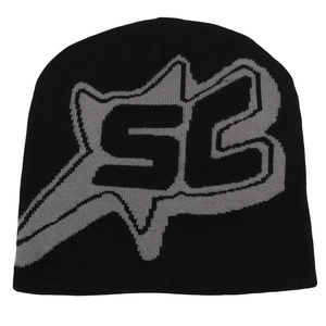 Detail showing high-quality black knit beanie texture with gray graphic pattern and SB logo