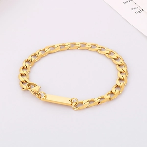 Polished gold cuban link necklace with rectangular bar and lobster clasp for men