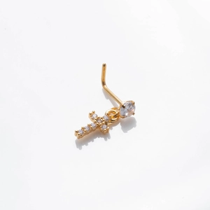 Gold stainless steel L-shaped nose stud with clear zircon cross pendant for nose piercing
