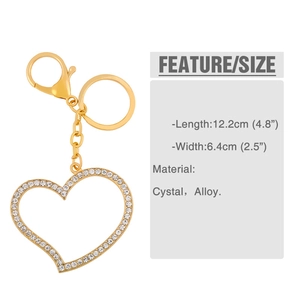 Close-up of golden rhinestone heart keychain with 12.2cm length and alloy lobster clasp