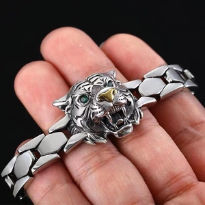 Tiger Head Bracelet With Green Eyes Vintage Punk Rock Style Jewelry For Men Unisex