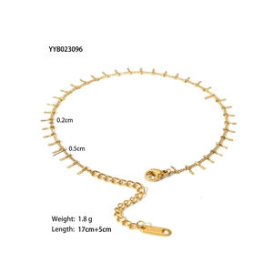 Detailed view of 18K gold plated stainless steel tassel chain with bar charms and dimensions