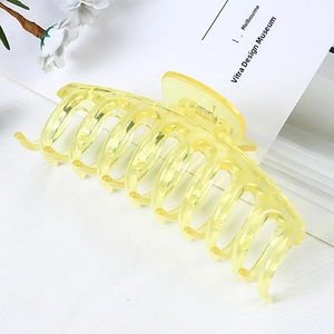 Detail of large lemon yellow resin hair claw clip with strong metal spring and teeth