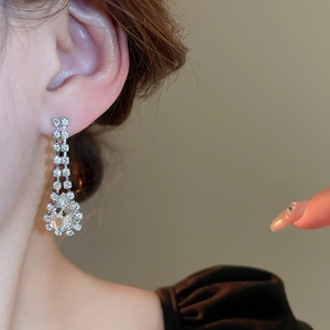 Detail of silver drop tassel earrings with sparkling rhinestones worn by a model