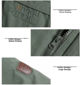 Close-up of military green jacket featuring ROUGH STOCK embroidery and outdoor patch