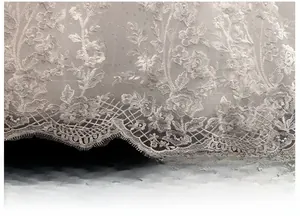 Detailed view of the bridal gown hem featuring delicate white floral lace and soft tulle fabric