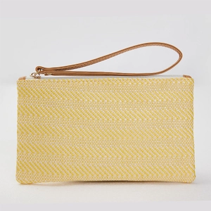 Detail of lemon yellow straw woven clutch bag with brown leather wrist strap and zip