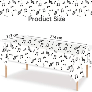 Detailed size chart for music theme disposable tablecloth featuring black musical notes