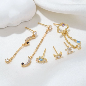 Chic 6-piece gold earring set featuring stars, moons and clouds with colorful zircon stones