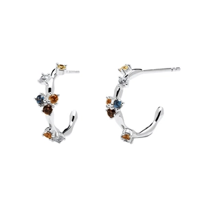 Elegant s925 silver C-shape hoop earrings with irregular texture and colorful zircons
