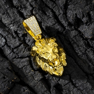 Macro detail of golden lion head pendant with crystal inlay on black charcoal background