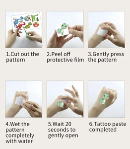 Six-step guide for applying waterproof cartoon dinosaur temporary tattoo stickers for kids