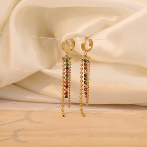Long tassel rhinestone eye earrings in gold finish with colorful crystals for women