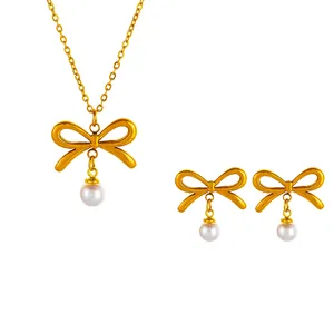 Nœud Künstliche Perle Pendentif Bijoux Collier Boucles D'oreilles Acier Inoxydable Plaqué Or 18K Minimaliste Élégant Femmes