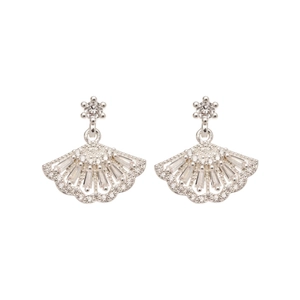 Elegant fan-shaped silver earrings with sparkling baguette-cut zircons for women