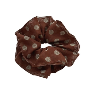 French vintage brown polka dot chiffon scrunchie shown on a clean white background