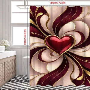 Détail du motif abstrait de tourbillons de cœur rouge et or sur un rideau de douche