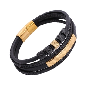 Men's multi-layer woven leather bracelet with black ropes and gold metallic accents