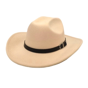 Classic beige wool felt jazz hat with wide brim and black leather belt buckle accent