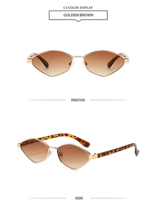 Detail of vintage irregular metal sunglasses with golden frame and leopard print temples