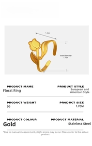 Detailed view of 18K gold tulip ring dimensions and stainless steel specifications