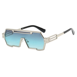 Futuristic silver metal wrap sunglasses with blue gradient lenses in a 45-degree angle view