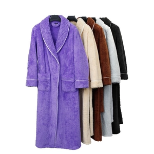 Thick plush winter bathrobes for women in purple, beige and grey with contrast piping