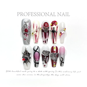 Faux ongles gothiques 3D faits main avec motifs araignée, crâne et éclats de sang