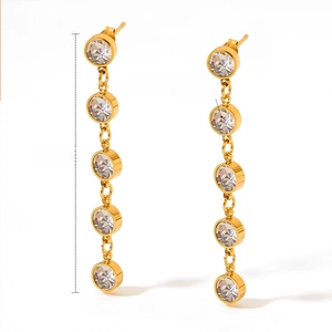 Detail view of gold drop earrings featuring five round clear zircons and 51mm length