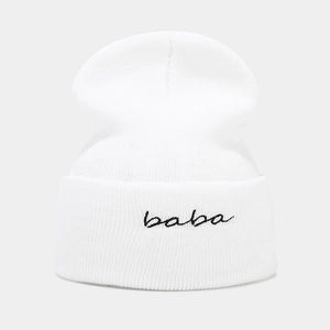 White ribbed beanie with black baba embroidery for warm winter street fashion