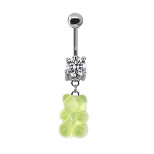 Silver steel navel piercing with white zircon and light green translucent bear pendant
