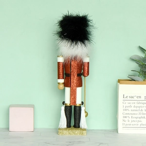 Traditional 35cm Christmas nutcracker king in red and gold with black plush hat décor