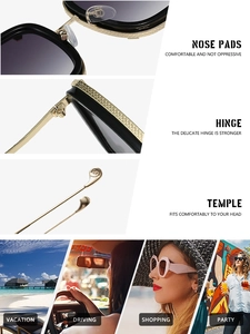 Detail view of square sunglasses featuring golden metal hinges and adjustable nose pads