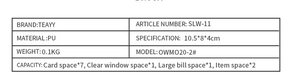 Detailed size and capacity specification chart for the embroidered PU leather wallet