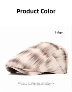 Detailed view of beige tie-dye vintage flat cap fabric texture and stitching details