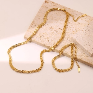 Minimalist gold-plated stainless steel leaf chain necklace and bracelet jewelry set